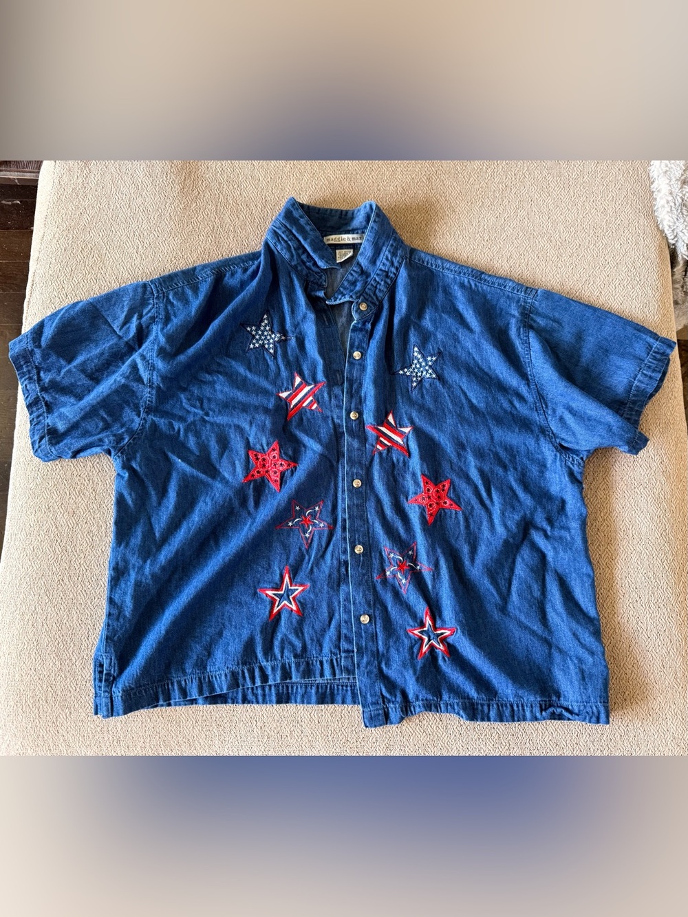 Vintage Maggie & Max 2X Patriotic Star Chambray Button-Down Shirt